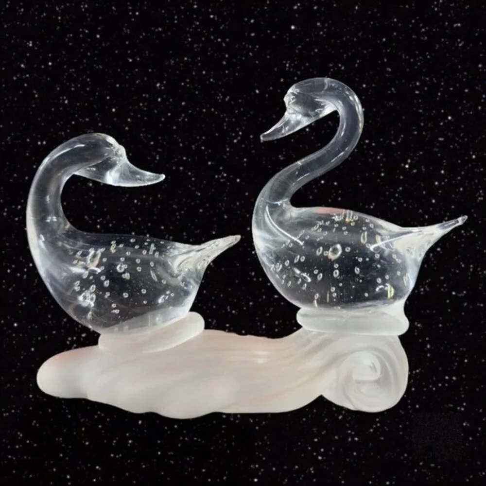 1980s Clear Art Glass Bird Duck Sculpture Figure On Frosted Bottom W Bubbles